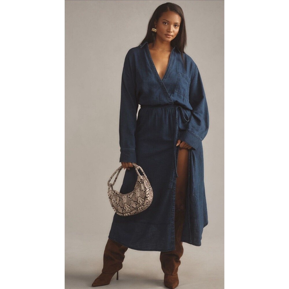 Anthropologie Pilcro Dress Wrap Midi Blue V Neck Cotton Preppy Boho Medium NWT